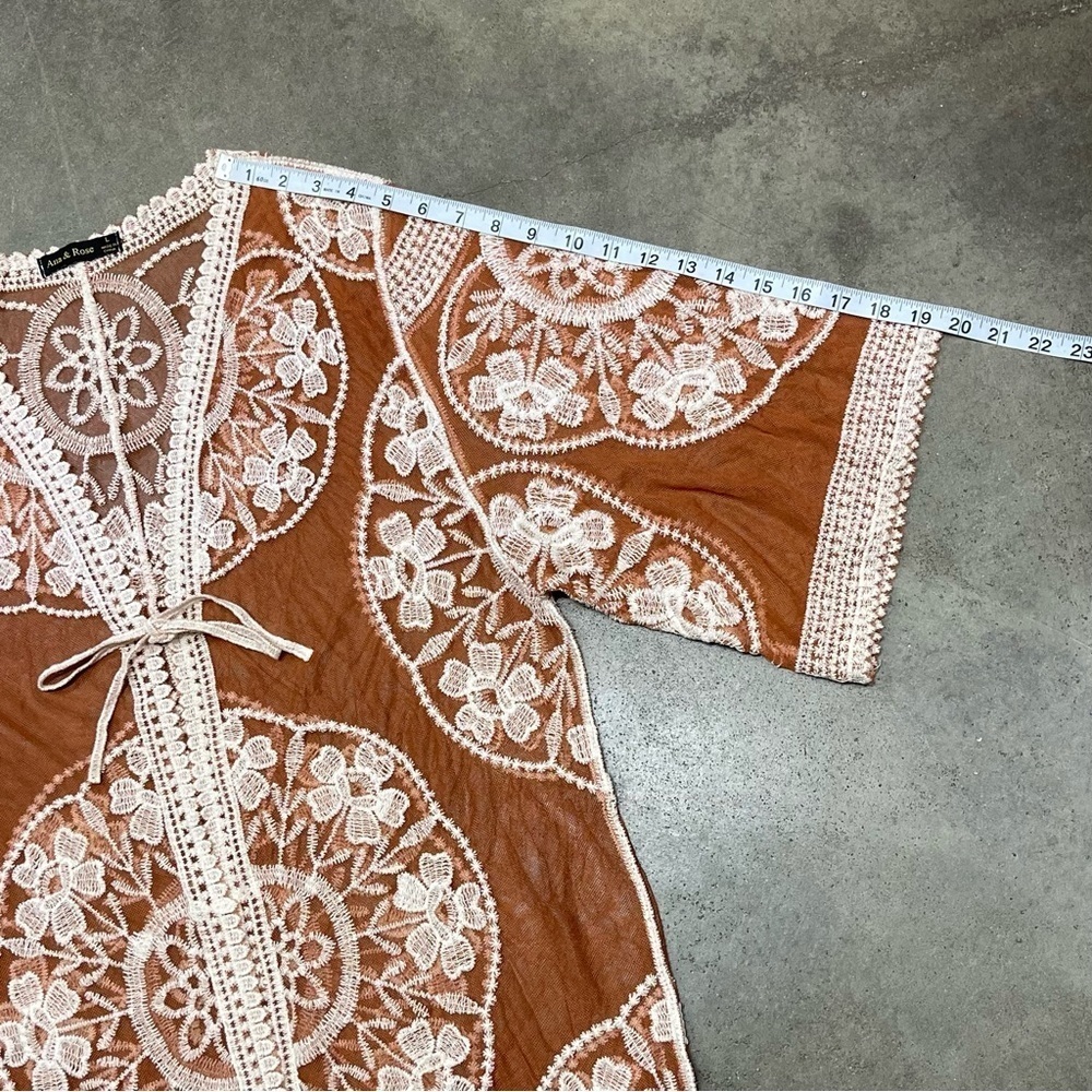 Ana & Rose Floral Copper Sheer Lace Open Front Kimono Duster Cardigan Boho - Picture 9 of 11